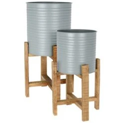 Idooka Metal Barrel Plant Pot Pair With Wooden Stands -Garden Pro Shop FZ30005 PLANTERS.Grey .Main