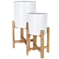 Idooka Metal Barrel Plant Pot Pair With Wooden Stands -Garden Pro Shop FZ30005 PLANTERS.White .Main