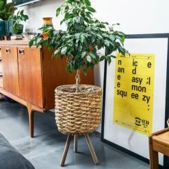 Water Hyacinth Lined Basket On Legs H45Cm D30Cm -Garden Pro Shop WHBL30 2